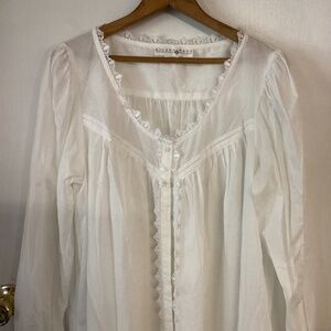 Vtg Eileen West White Cotton Blend Long Sleeve Lace Trim Nightgown Size L